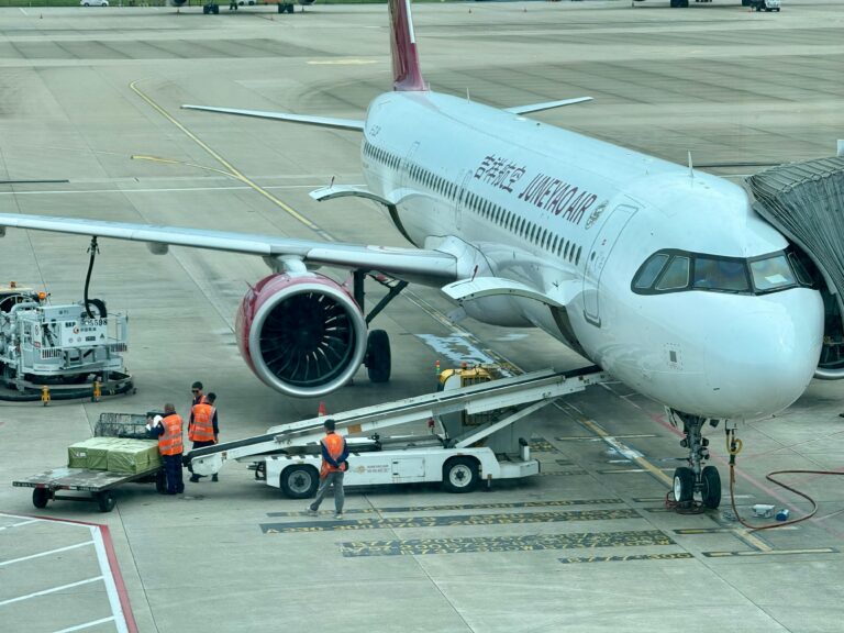 Airplane being loaded with cargo at the airport terminal with ground crew.